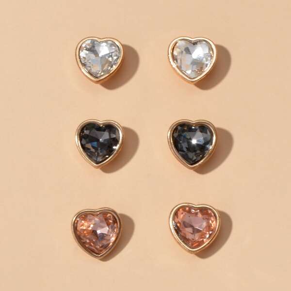 

3pairs Heart Stud Earrings, Multicolor
