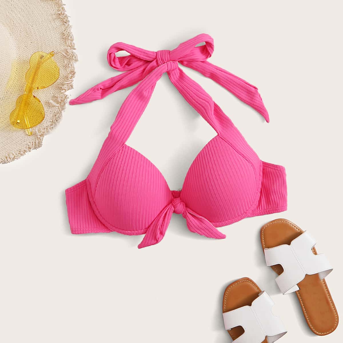 

Rib Underwire Halter Bikini Top, Pink