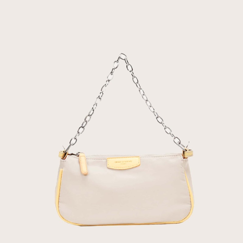 

Letter Patch Chain Tote Bag, Beige