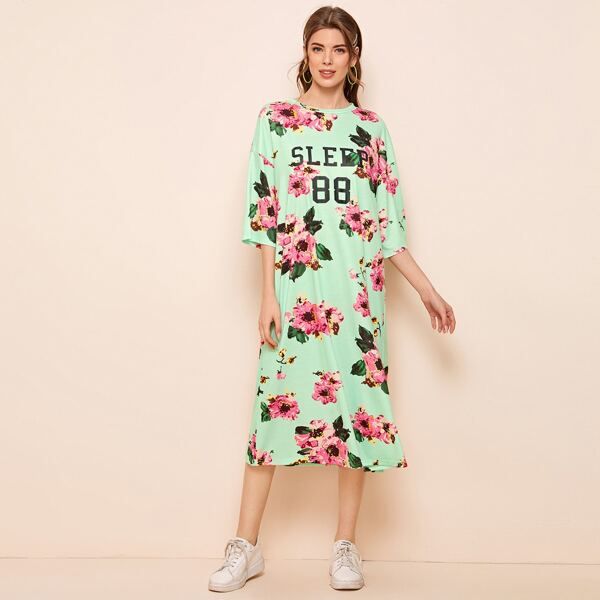 

Letter and Floral Print Drop Shoulder Nightdress, Green