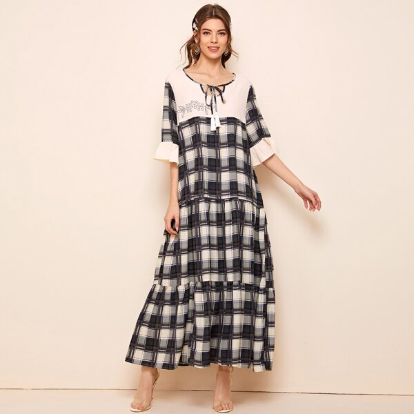 

Tribal Print Tie Neck Bell Sleeve Layered Plaid Dress, Multicolor