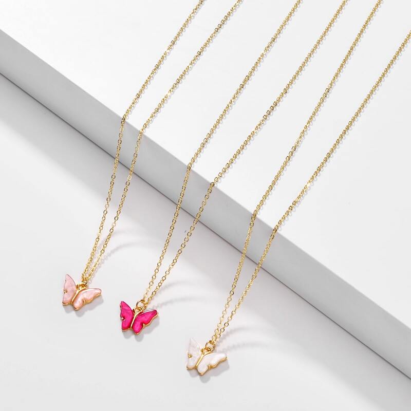 

3pcs Butterfly Charm Necklace, Multicolor