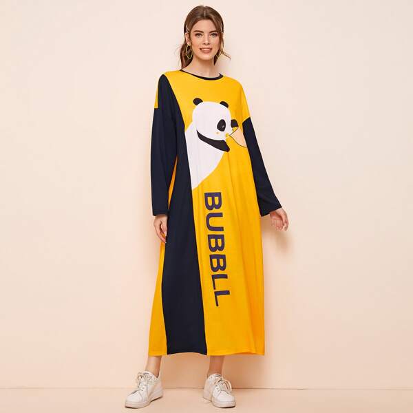 

Drop Shoulder Panda & Letter Graphic Nightdress, Yellow