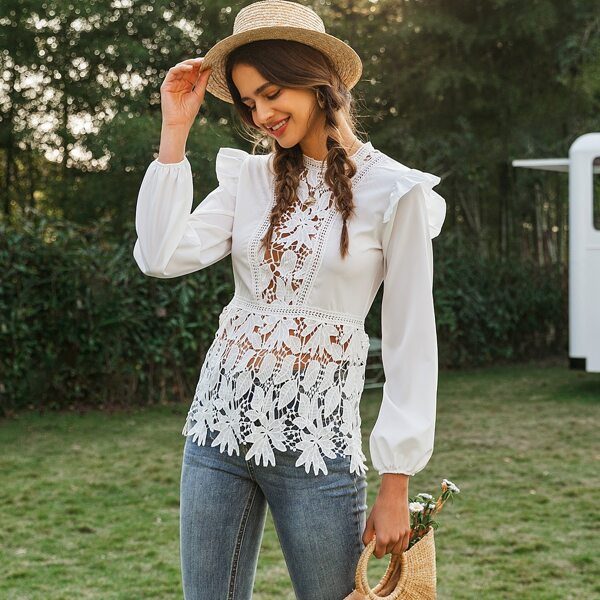 

Mock Neck Lantern Sleeve Guipure Lace Peplum Top, White