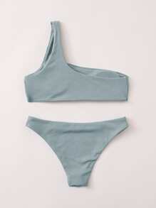 肋骨單肩比基尼套裝，夏季沙灘風情 - 青碧色 - 查看 2