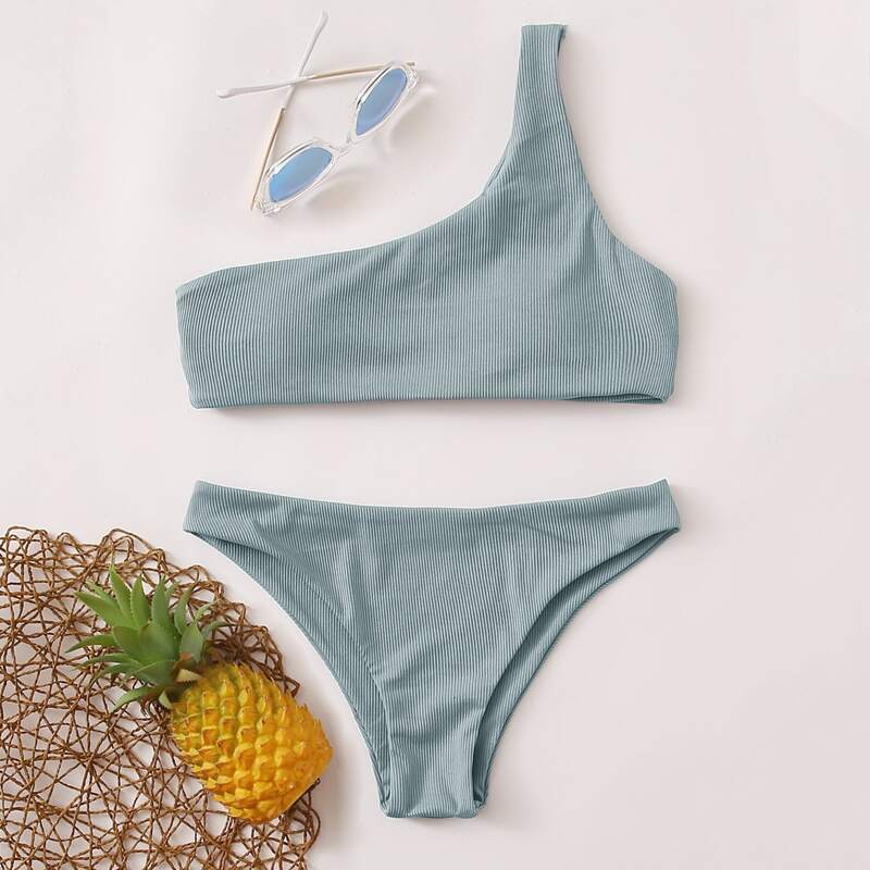 

Rib One Shoulder Bikini Swimsuit, Cadet blue