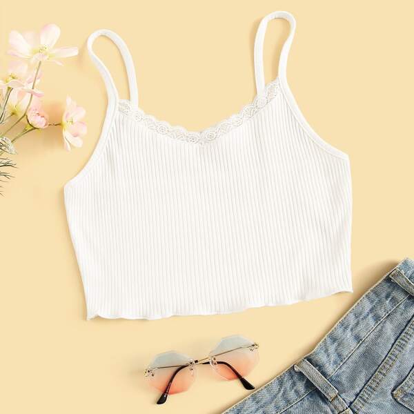 

Plus Contrast Lace Trim Cami Top, White