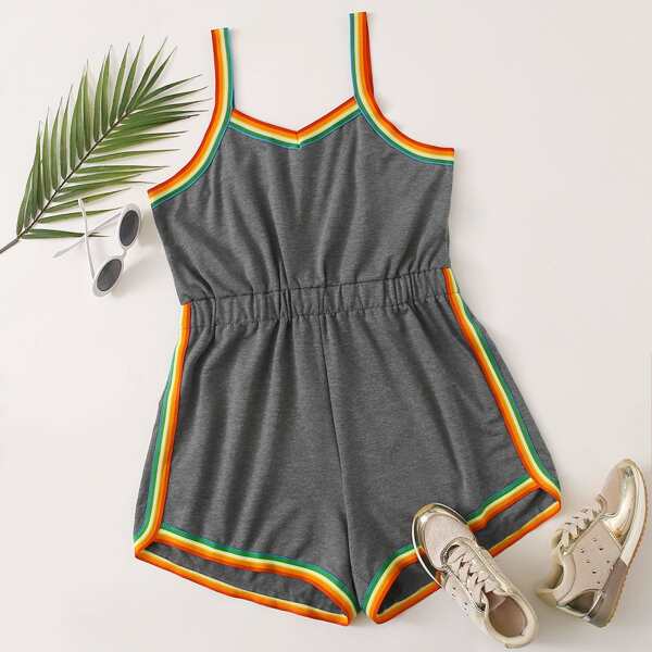 

Plus Rainbow Striped Trim Cami Romper, Grey