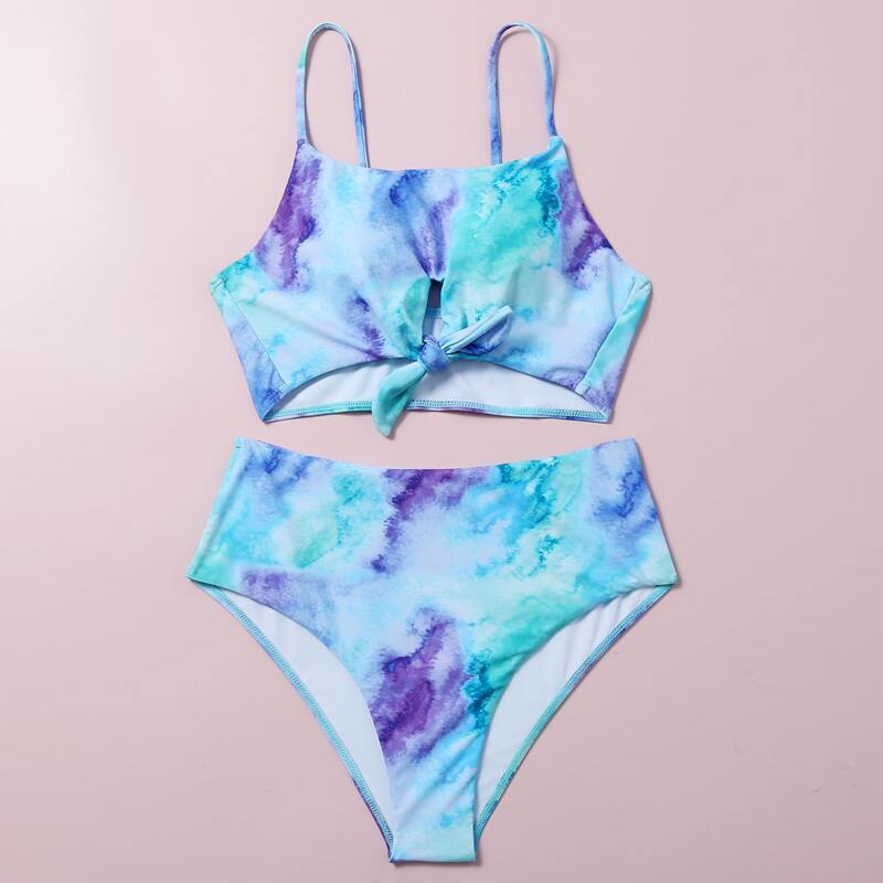 

Tie Dye Knot Hem High Waisted Bikini Swimsuit, Multicolor