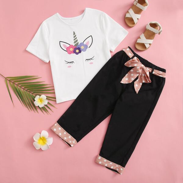 

Toddler Girls Unicorn Print Tee & Polka Dot Panel Belted Pants, Black and white