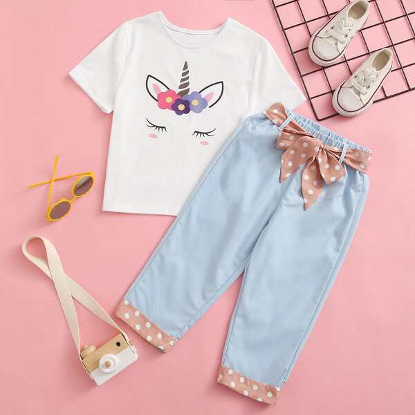 

Toddler Girls Unicorn Print Tee & Polka Dot Panel Belted Pants, Multicolor