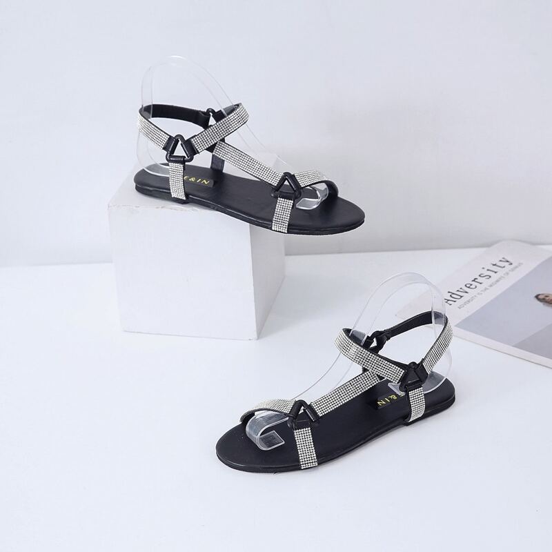 

Open Toe Rhinestone Decor Sandals, Black