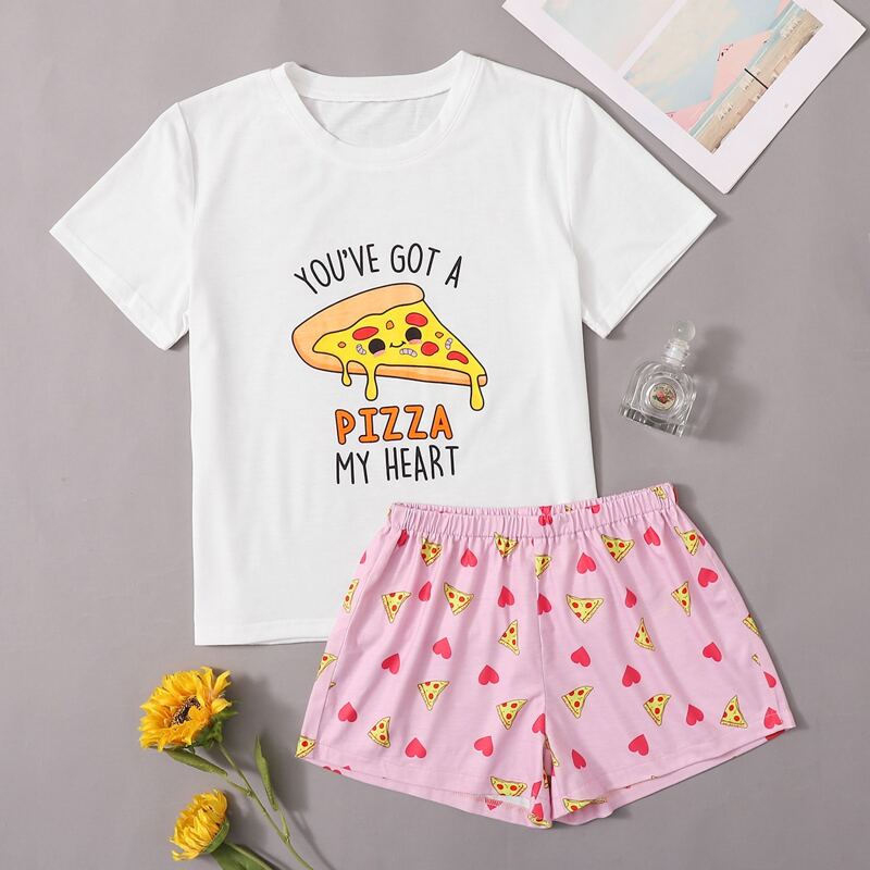 

Slogan And Cartoon Graphic PJ Set, Multicolor