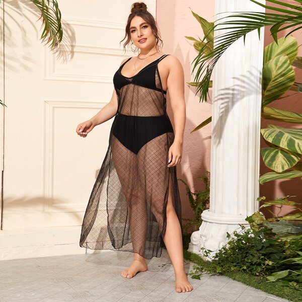 

Plus Sheer Mesh Split Cover Up, Black
