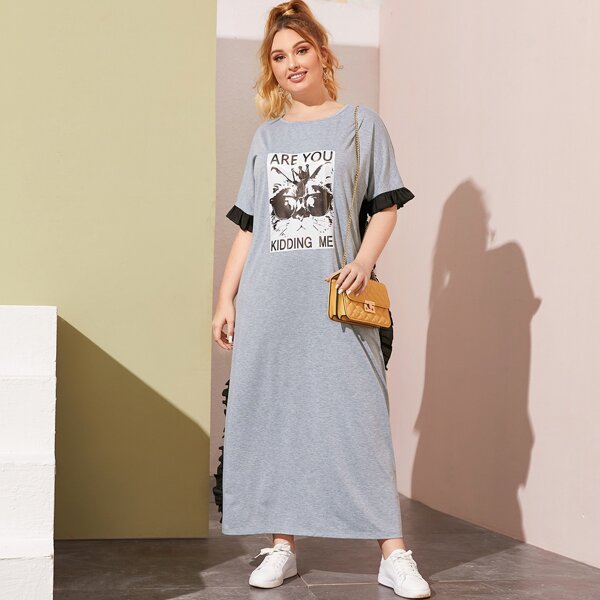 

Plus Cartoon & Slogan Graphic Ruffle Trim Tee Dress, Grey