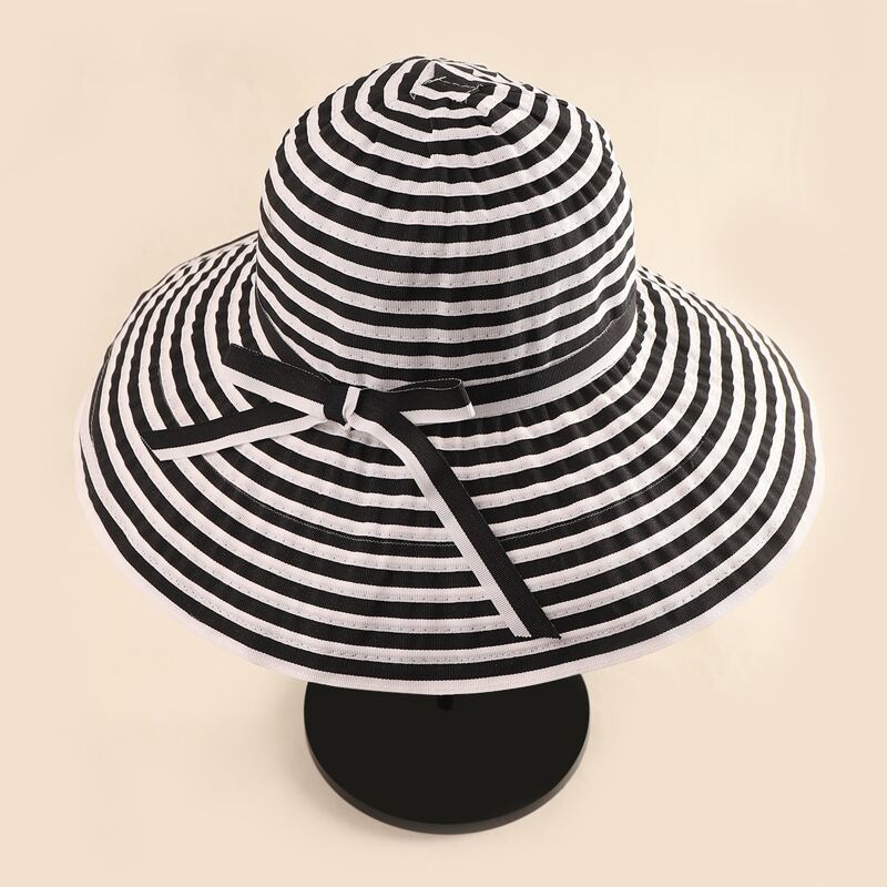 

Bow Decor Striped Hat, Black and white