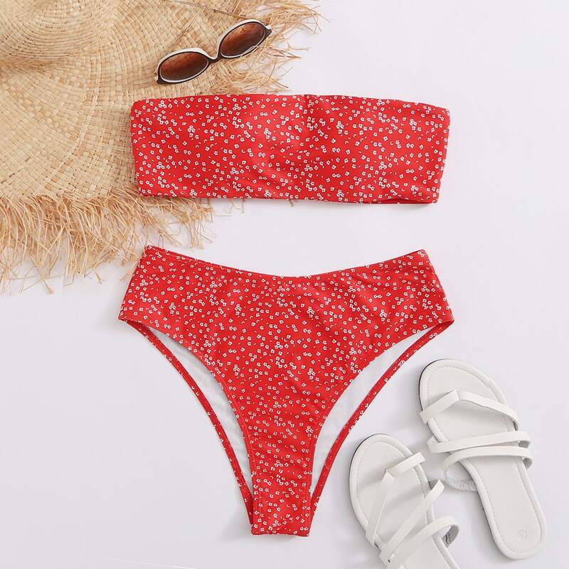 

Ditsy Floral Bandeau High Waisted Bikini Swimsuit, Red