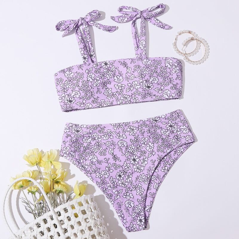 

Floral Tie Shoulder Bikini Swimsuit, Pastel lilac purple