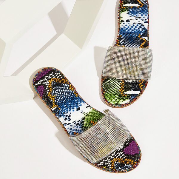 

Rhinestone Decor Snakeskin Sliders, Silver