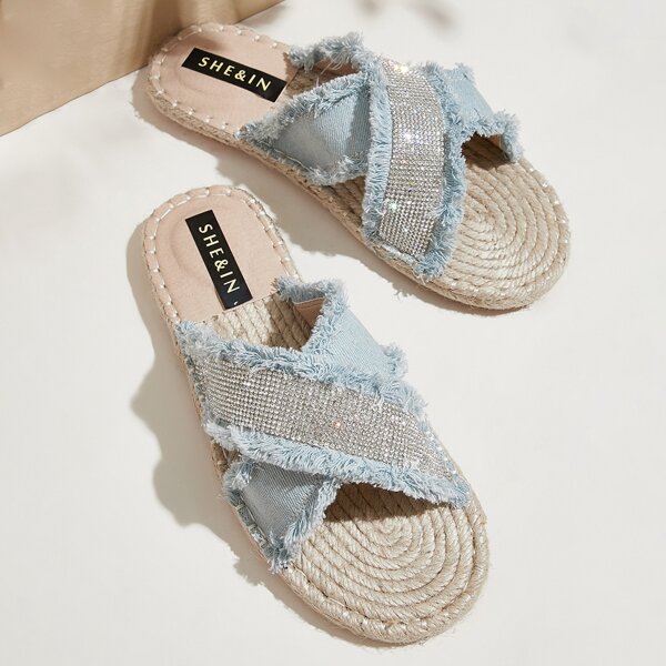 

Fray Trim Rhinestone Decor Sliders, Blue