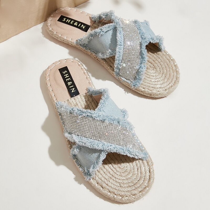 

Fray Trim Rhinestone Decor Sliders, Blue