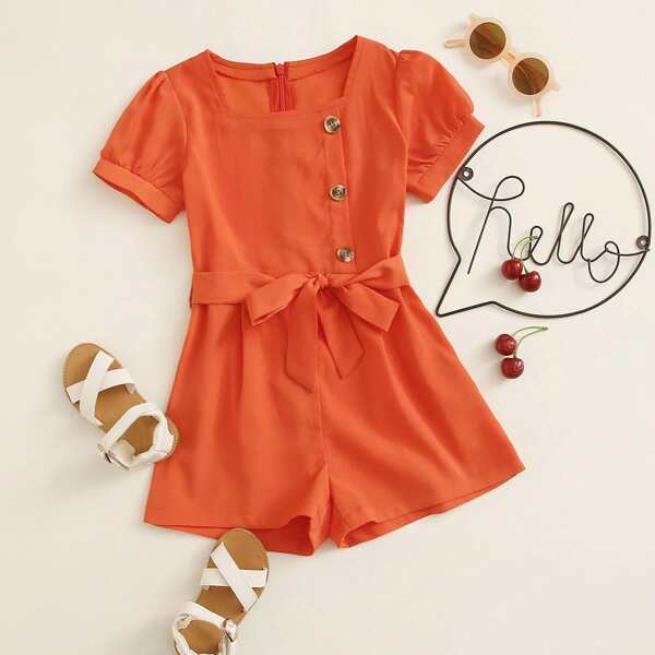 

Toddler Girls Button Front Belted Solid Romper, Orange