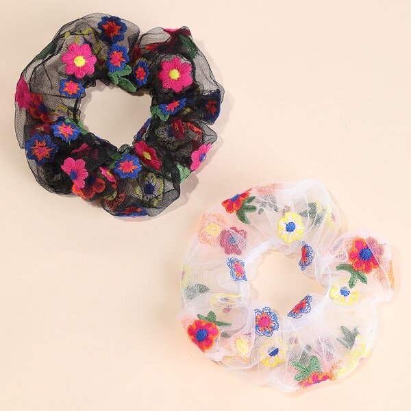 

2pcs Floral Embroidered Scrunchie, Multicolor