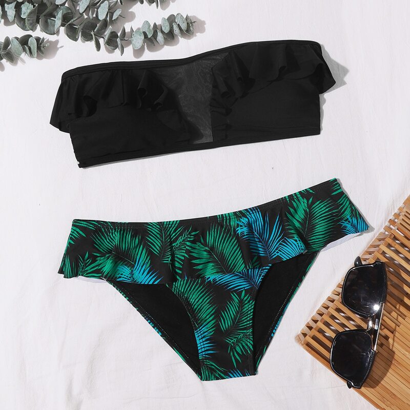 

Tropical Ruffle Trim Contrast Mesh Bikini Swimsuit, Multicolor