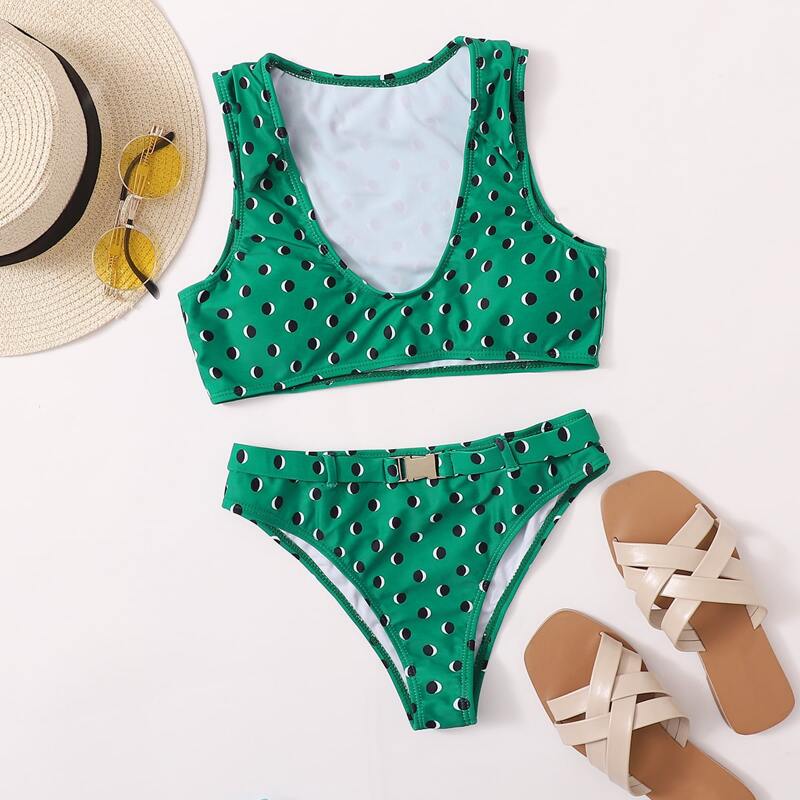

Polka Dot Buckle Belted Bikini Swimsuit, Green
