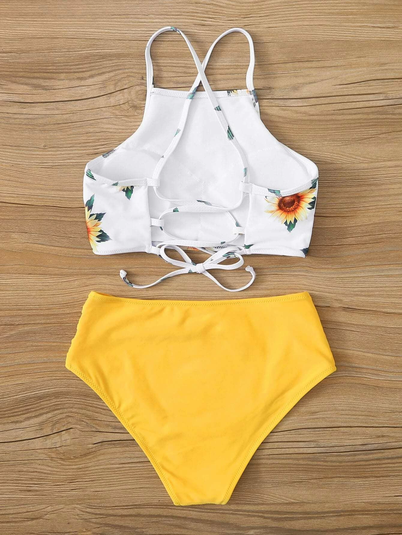 sunflower print lace up back bikini set
