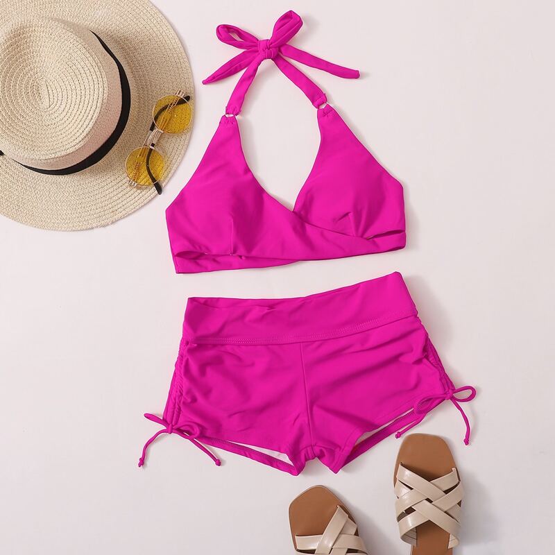 

Criss Cross Drawstring Shorts Bikini Swimsuit, Pink