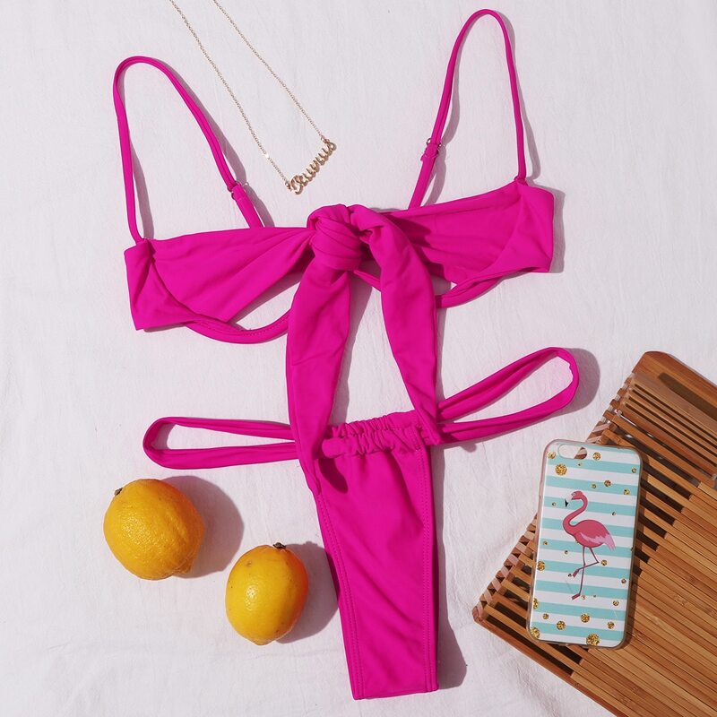 

Knot Front Underwire Thong Bikini Swimsuit, Pink bright