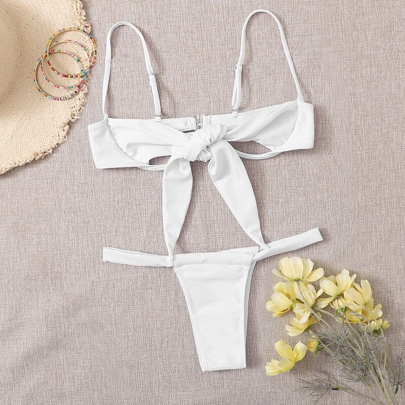 

Knot Front Underwire Thong Bikini Swimsuit, White