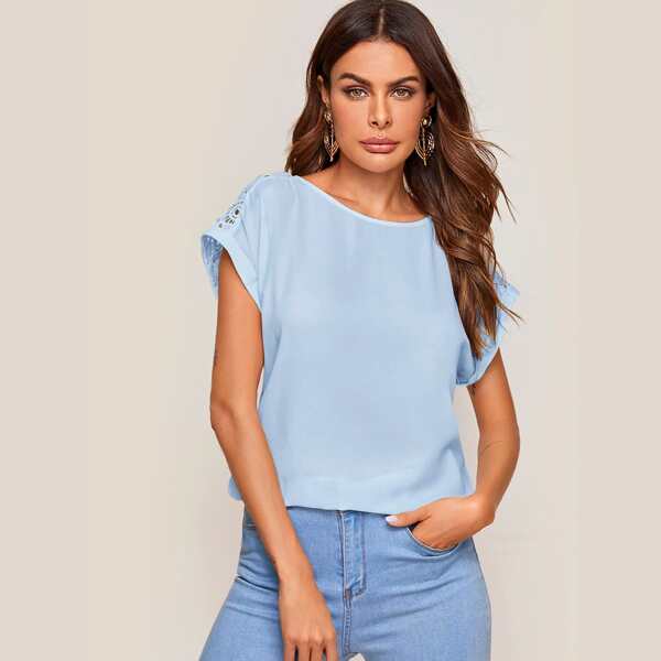 

Solid Guipure Lace Yoke Top, Blue pastel