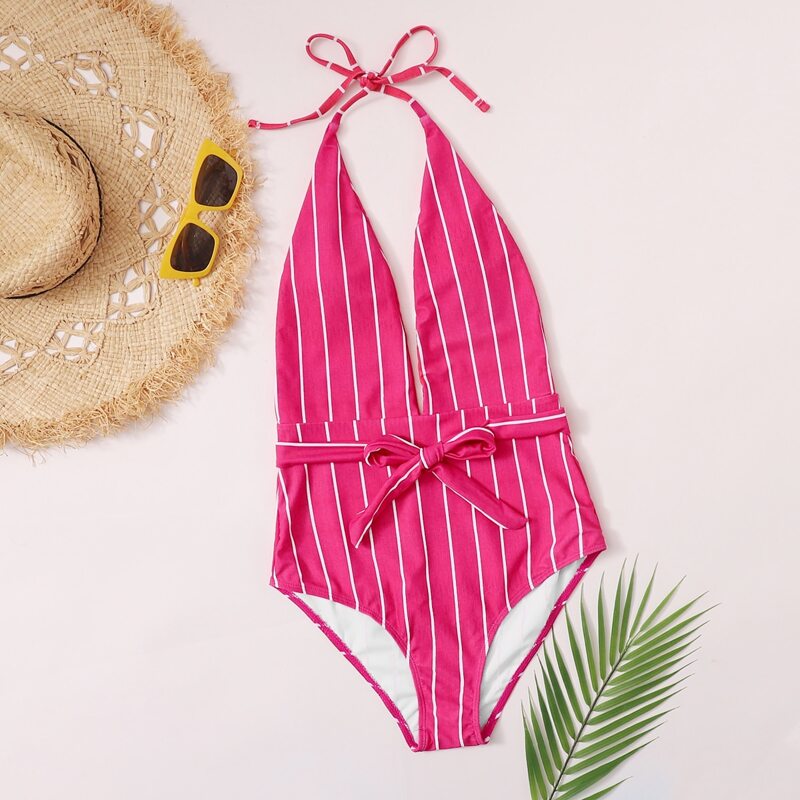 

Striped Plunging Halter One Piece Swimsuit, Pink