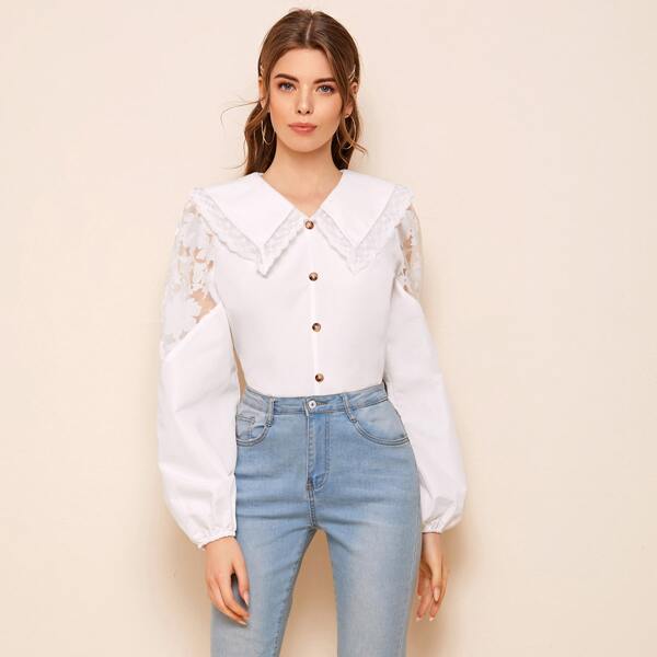 

Embroidered Mesh Trim Lantern Sleeve Button Front Top, White