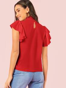 SHEIN Privé 打褶領飛袖上衣 - 紅色 - 查看 2