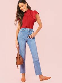 SHEIN Privé 打褶領飛袖上衣 - 紅色 - 查看 5