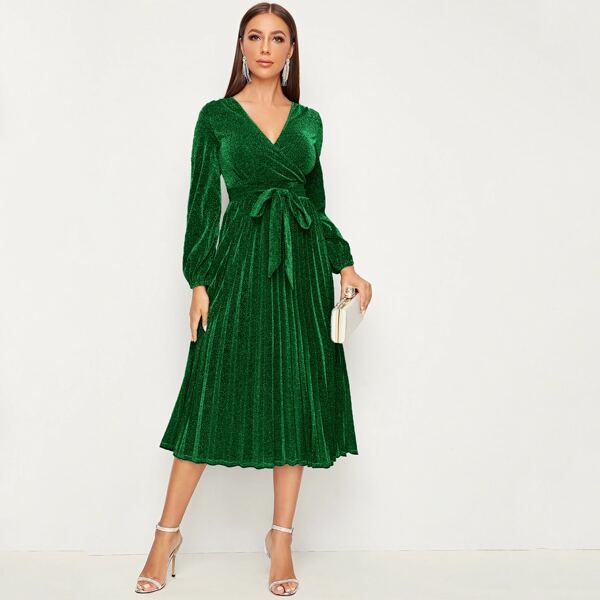 

Surplice Neck Belted Pleated Glitter Dress, Green