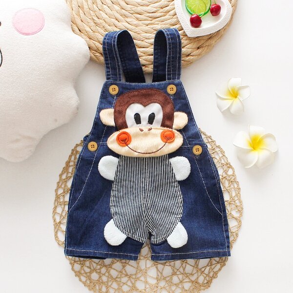 

Toddler Boys Cartoon Monkey Patched Denim Overall, Blue