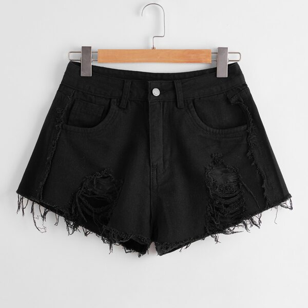 

Ripped Detail Raw Hem Denim Shorts, Black