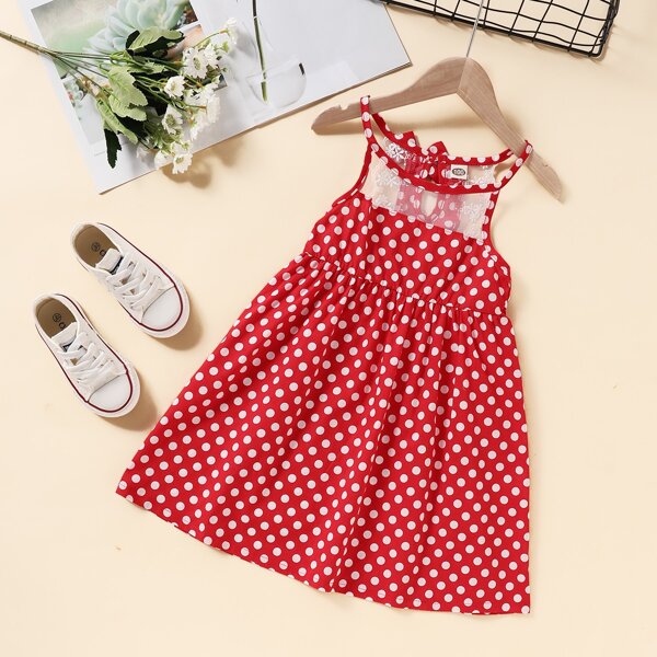 

Toddler Girls Polka Dot Contrast Lace Dress, Red