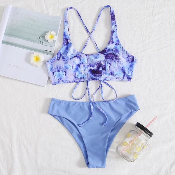 

Swirl Print Tie Back Bikini Swimsuit, Blue