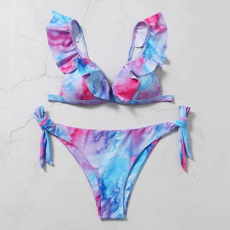 

Tie Dye Ruffle Tie Side Bikini Swimsuit, Multicolor
