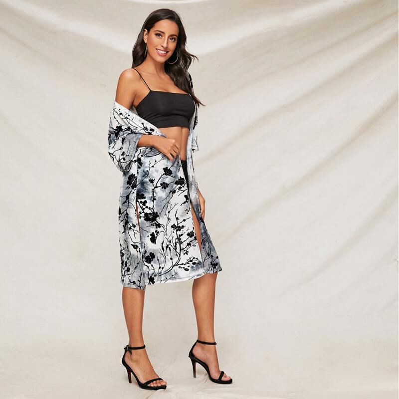 

Drop Shoulder Tie Dye Floral Print Mesh Kimono, Grey