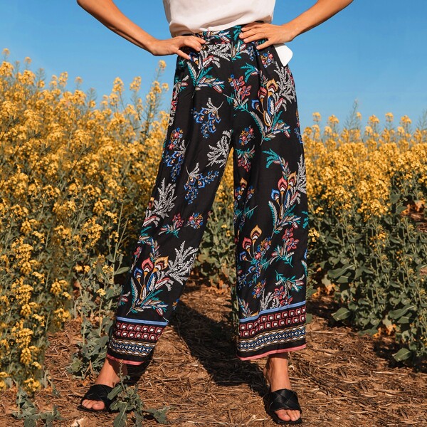 

Floral & Tribal Print Wide Leg Pants, Black