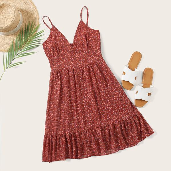 

Ditsy Floral Ruffle Hem Cami Dress, Red