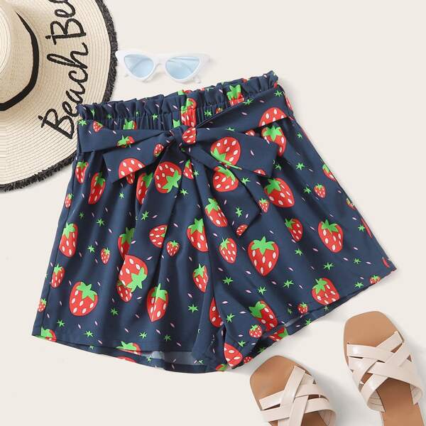 

Шорты с присборенной талией и клубничным принтом, Темно-синий