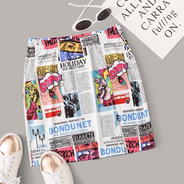 

Plus Split Hem Pop Art Print Skirt, Multicolor
