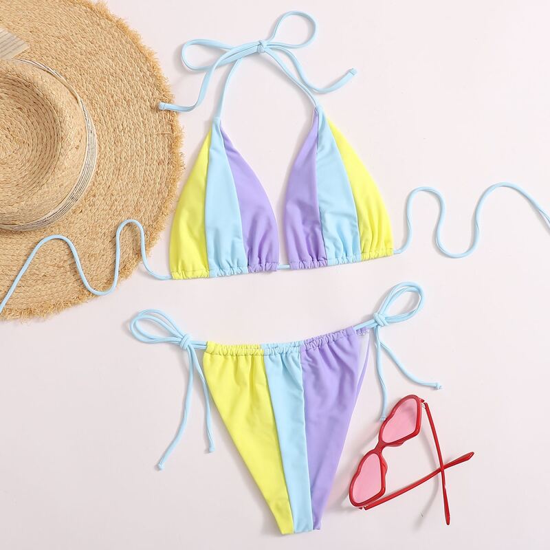 

Color Block Triangle Tie Side Bikini Swimsuit, Multicolor